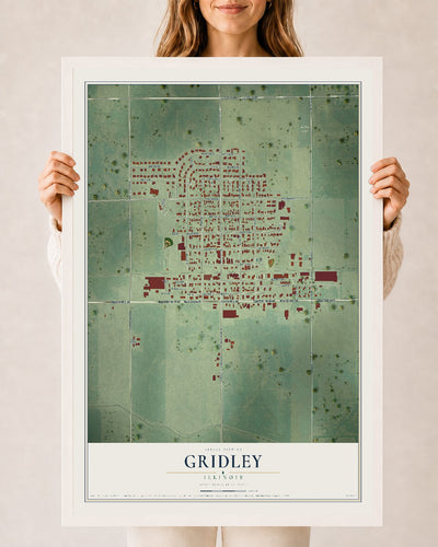 Map of Gridley, Illinois, 24 x 36 inch print in a white wood frame