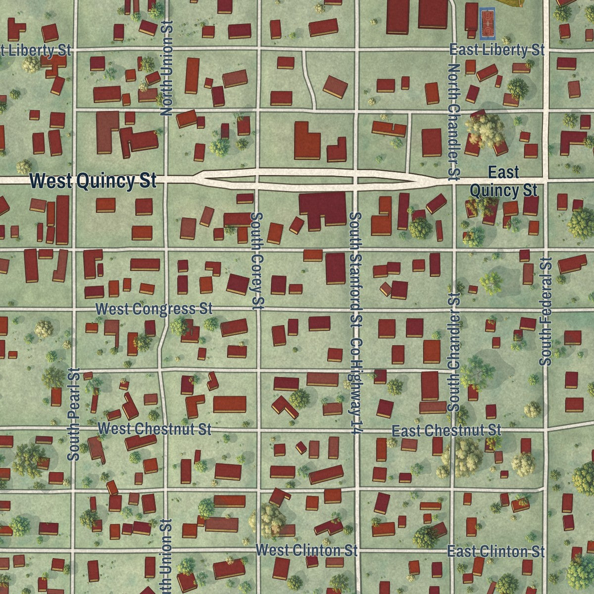 Close-up of the map of Griggsville, Illinois print showing street and building detail