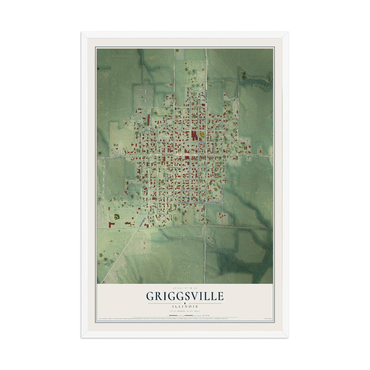 Map of Griggsville, Illinois, 12 x 18 inch print in a white wood frame
