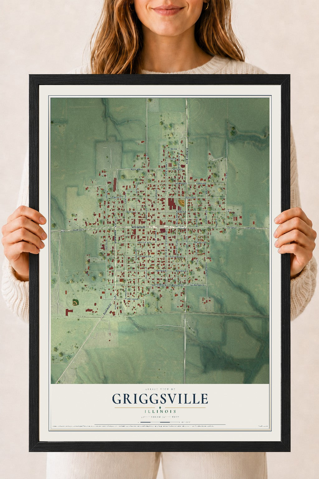 Map of Griggsville, Illinois, 18 x 24 inch print in a black wood frame