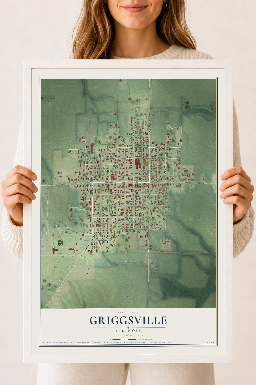 Map of Griggsville, Illinois, 18 x 24 inch print in a white wood frame