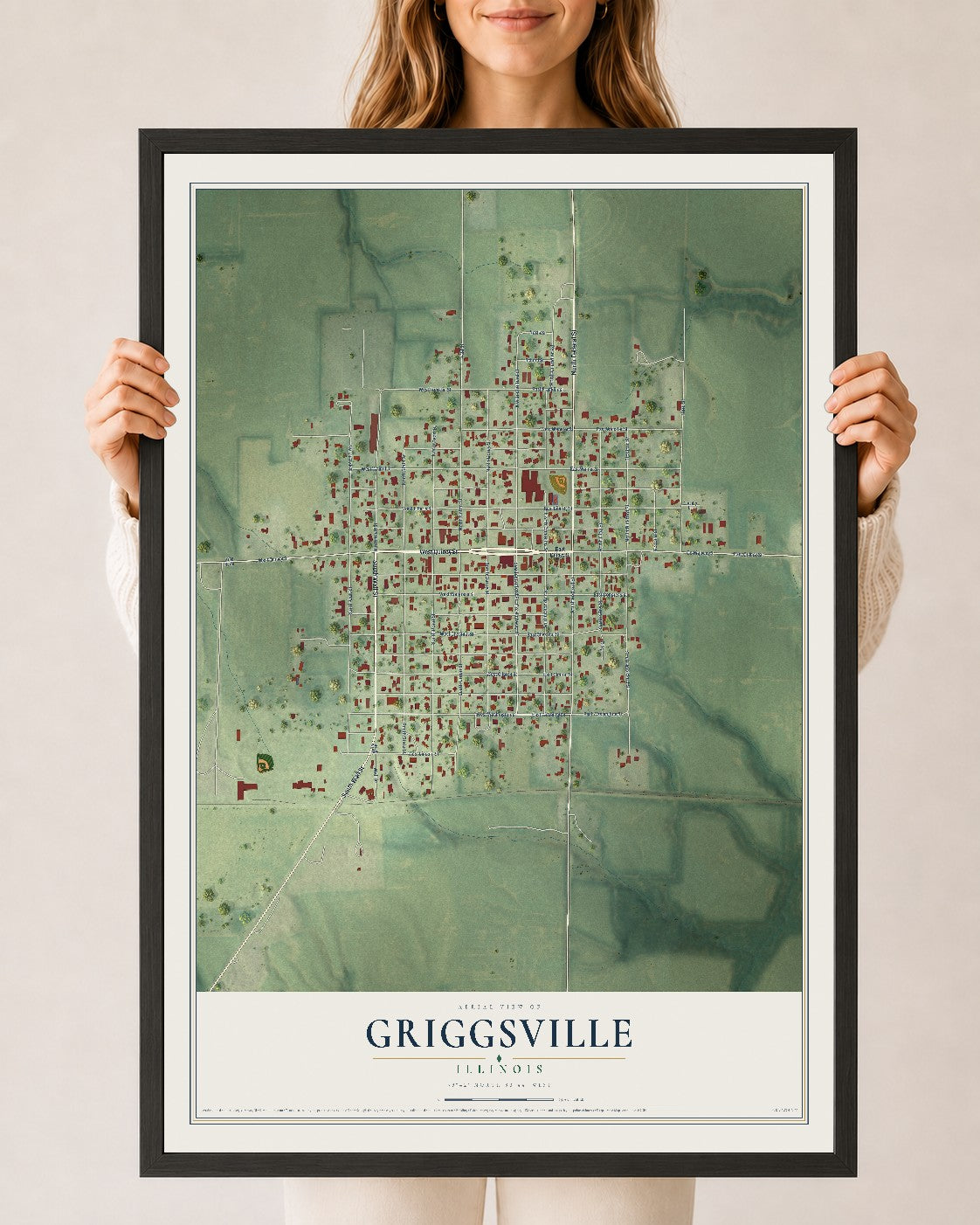 Map of Griggsville, Illinois, 24 x 36 inch print in a black wood frame