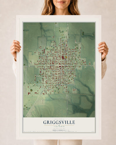 Map of Griggsville, Illinois, 24 x 36 inch print in a white wood frame