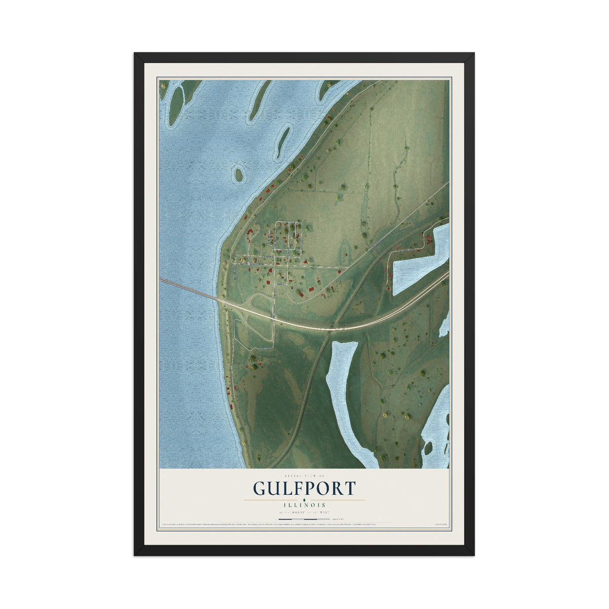 Map of Gulfport, Illinois, 12 x 18 inch print in a black wood frame