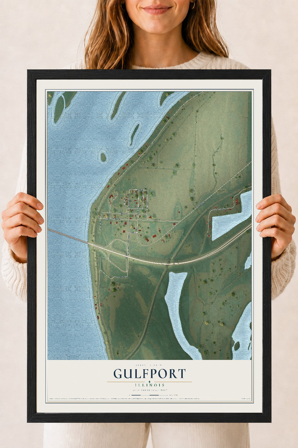 Map of Gulfport, Illinois, 18 x 24 inch print in a black wood frame