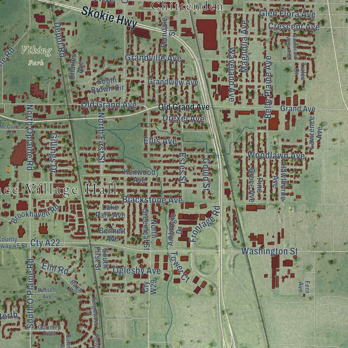 Close-up of the map of Gurnee, Illinois print showing street and building detail