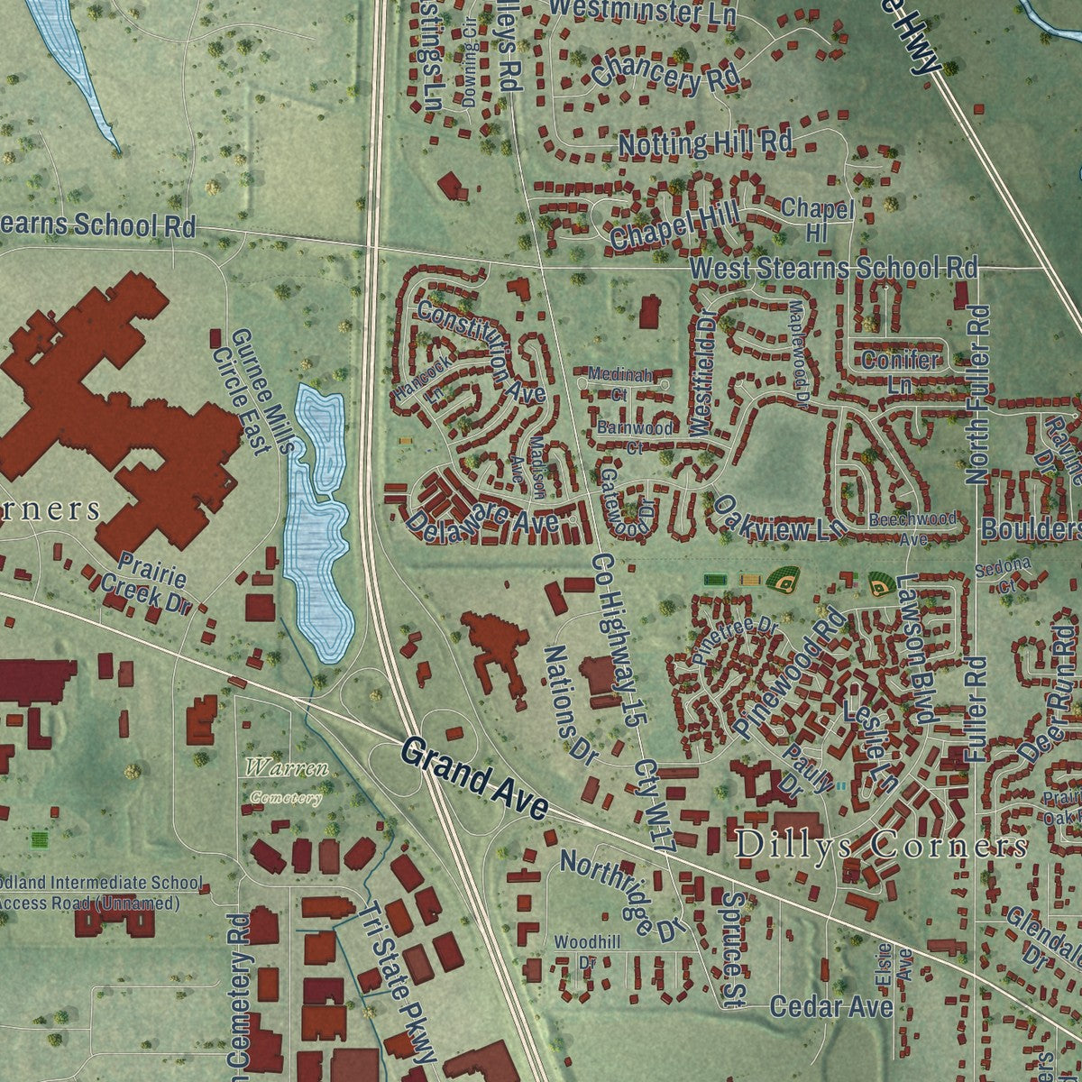 Second close-up of the map of Gurnee, Illinois print showing more streets and buildings