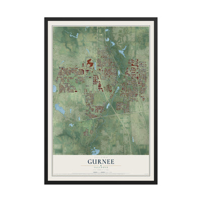 Map of Gurnee, Illinois, 12 x 18 inch print in a black wood frame