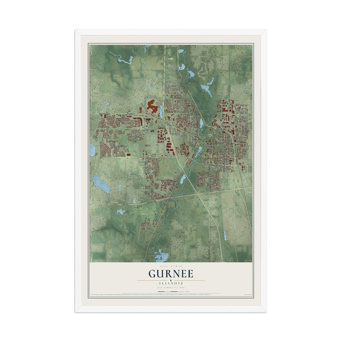 Map of Gurnee, Illinois, 12 x 18 inch print in a white wood frame