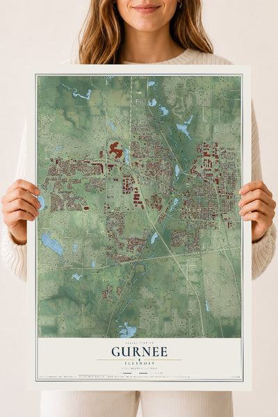 Map of Gurnee, Illinois, 18 x 24 inch unframed archival matte print