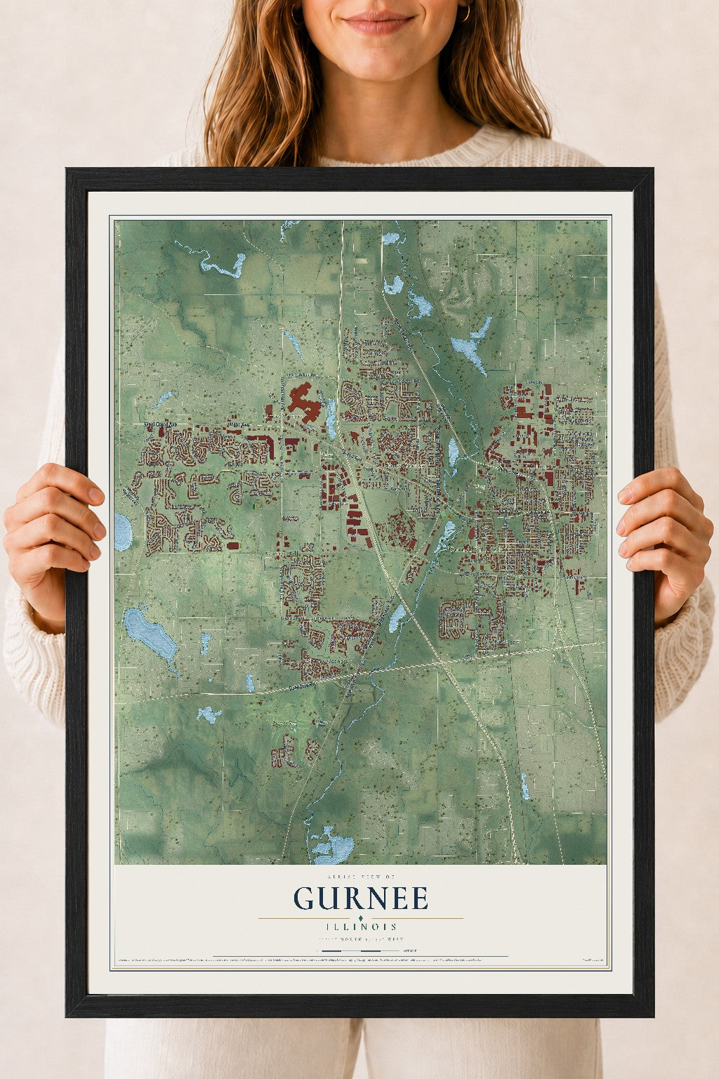 Map of Gurnee, Illinois, 18 x 24 inch print in a black wood frame