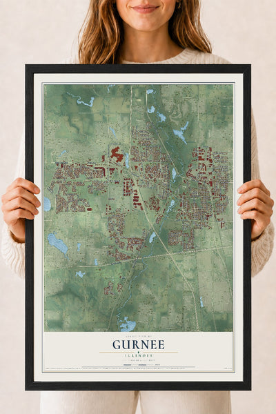 Map of Gurnee, Illinois, 18 x 24 inch print in a black wood frame