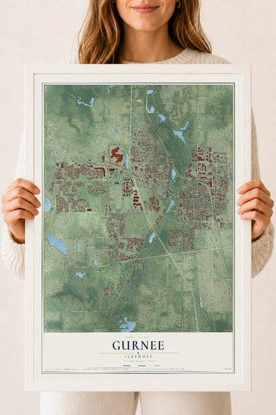 Map of Gurnee, Illinois, 18 x 24 inch print in a white wood frame