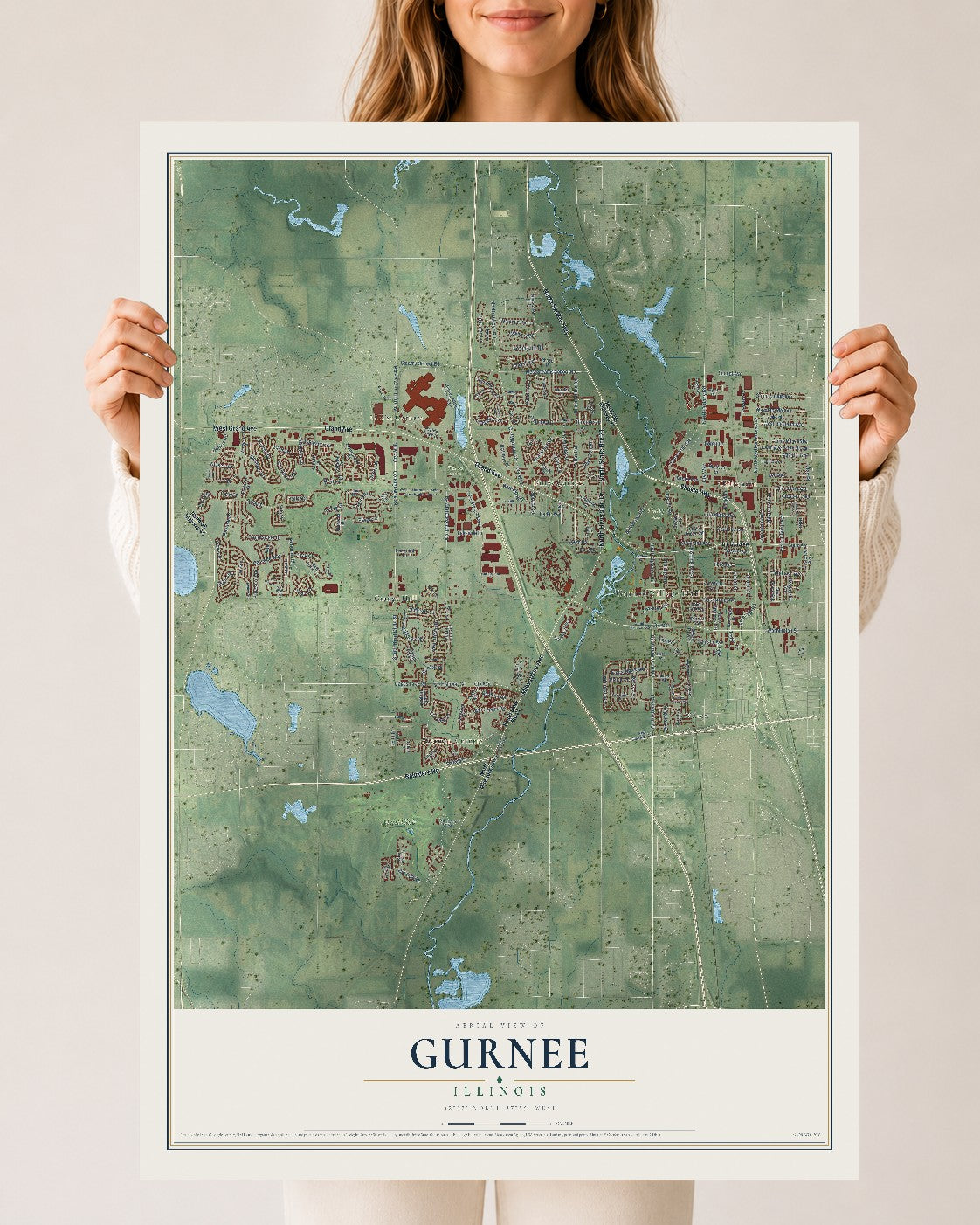 Map of Gurnee, Illinois, 24 x 36 inch unframed archival matte print