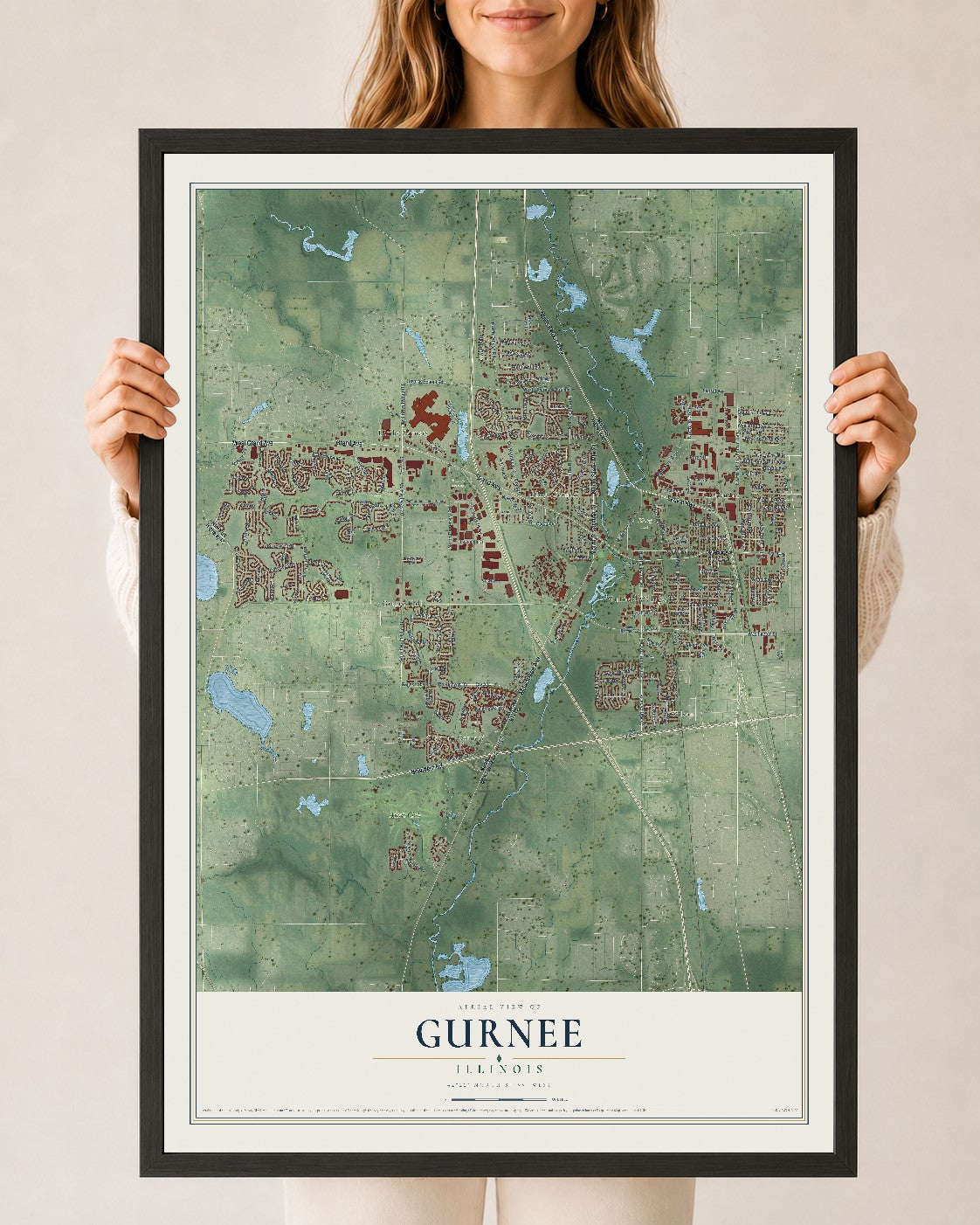Map of Gurnee, Illinois, 24 x 36 inch print in a black wood frame