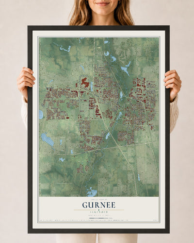 Map of Gurnee, Illinois, 24 x 36 inch print in a black wood frame