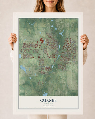 Map of Gurnee, Illinois, 24 x 36 inch print in a white wood frame