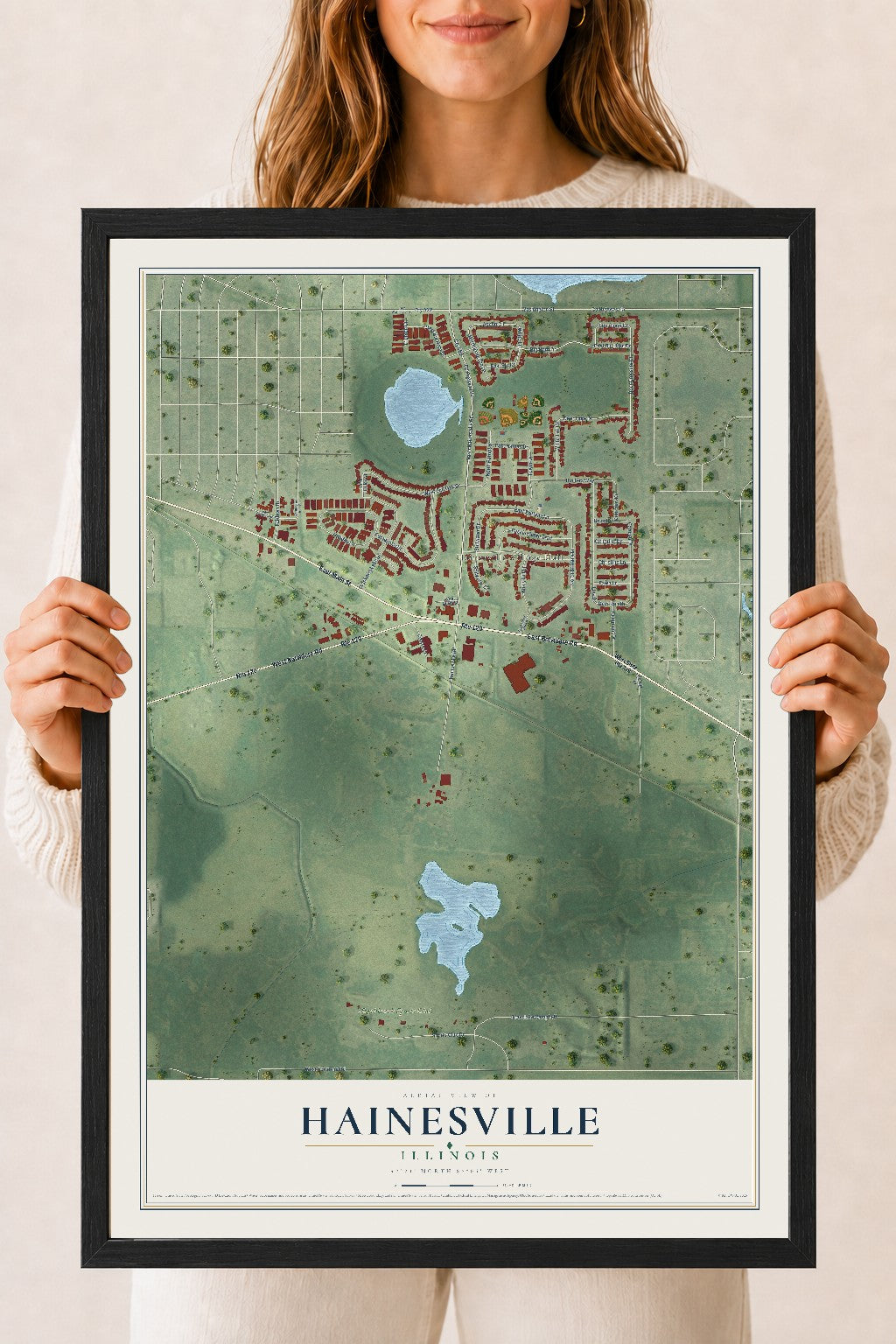 Map of Hainesville, Illinois, 18 x 24 inch print in a black wood frame