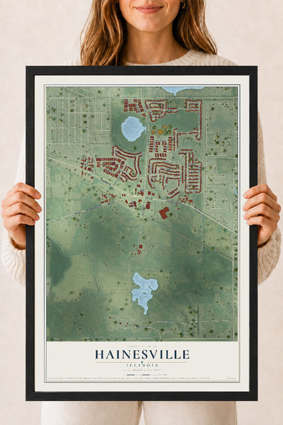 Map of Hainesville, Illinois, 18 x 24 inch print in a black wood frame