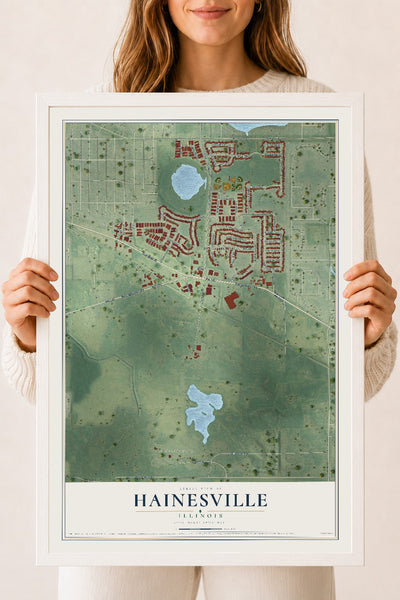Map of Hainesville, Illinois, 18 x 24 inch print in a white wood frame