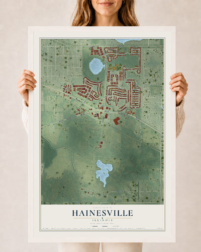 Map of Hainesville, Illinois, 24 x 36 inch print in a white wood frame