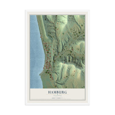 Map of Hamburg, Illinois, 12 x 18 inch print in a white wood frame