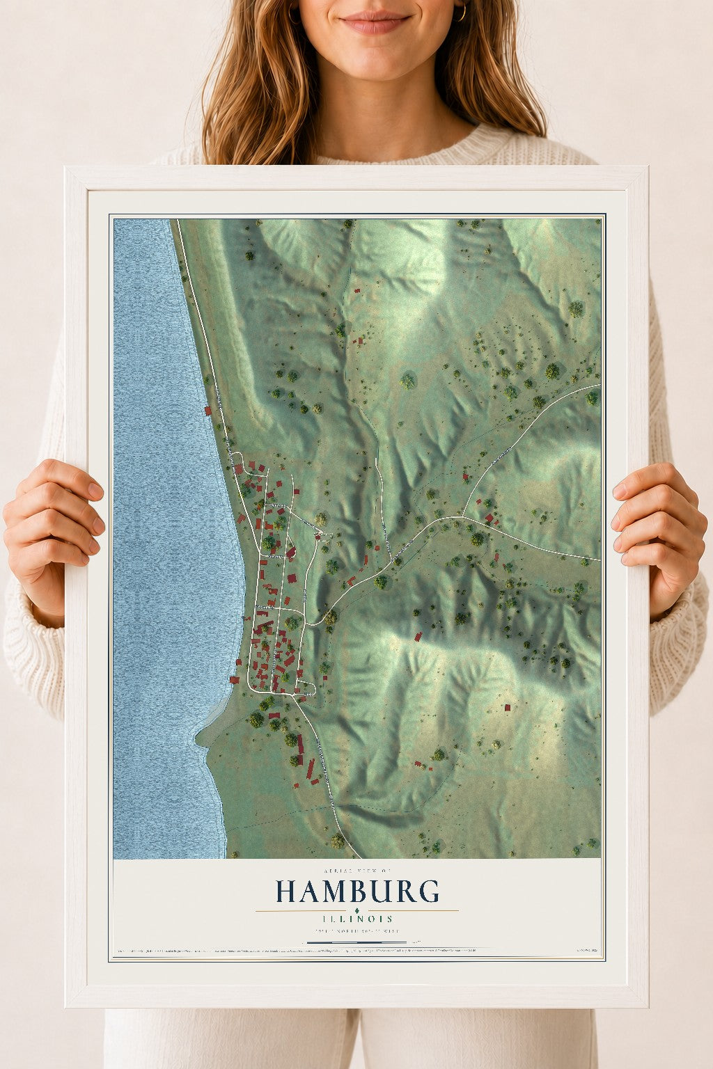 Map of Hamburg, Illinois, 18 x 24 inch print in a white wood frame