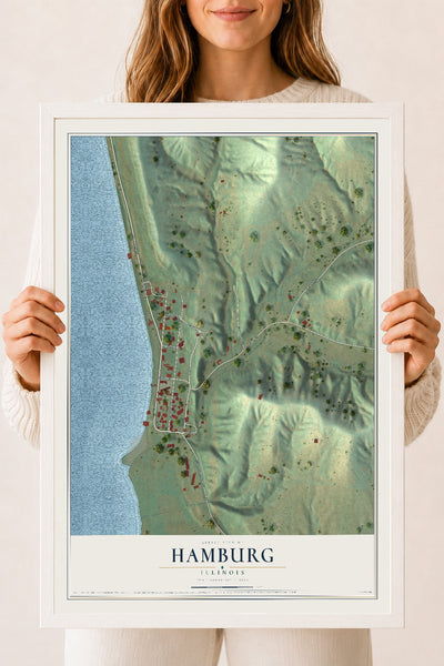 Map of Hamburg, Illinois, 18 x 24 inch print in a white wood frame