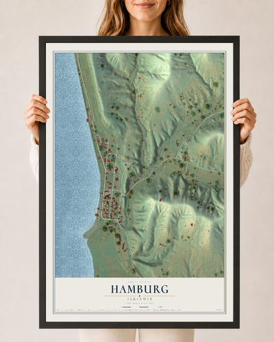 Map of Hamburg, Illinois, 24 x 36 inch print in a black wood frame