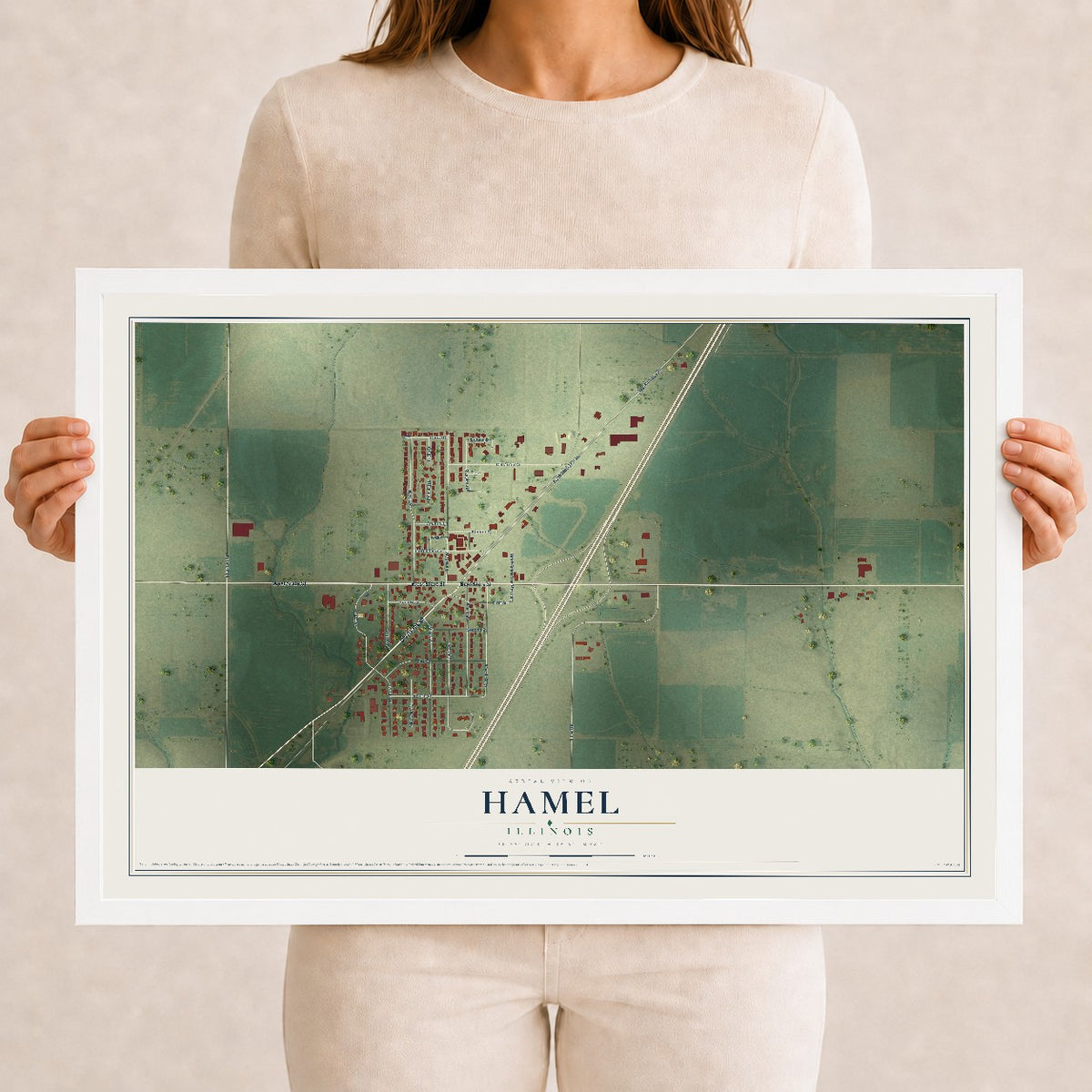 Map of Hamel, Illinois, 12 x 18 inch print in a white wood frame
