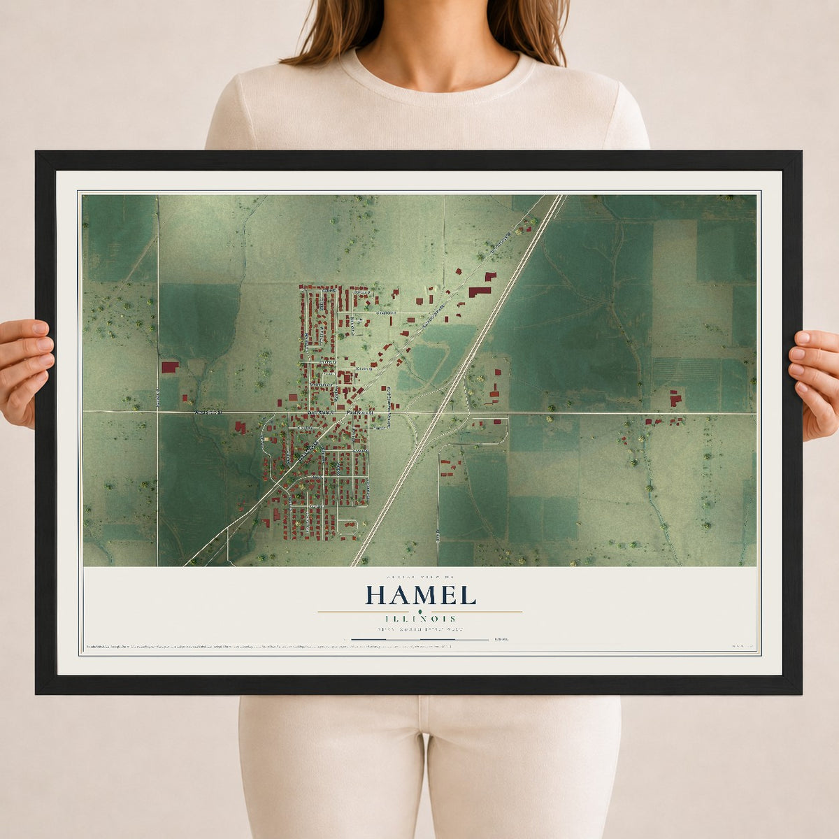 Map of Hamel, Illinois, 18 x 24 inch print in a black wood frame