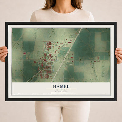 Map of Hamel, Illinois, 18 x 24 inch print in a black wood frame