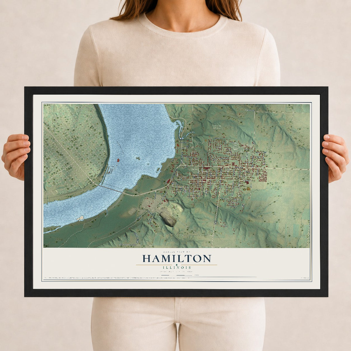 Map of Hamilton, Illinois, 12 x 18 inch print in a black wood frame