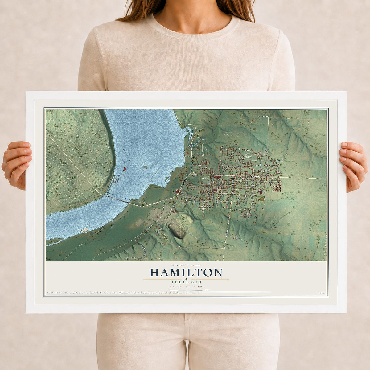 Map of Hamilton, Illinois, 12 x 18 inch print in a white wood frame
