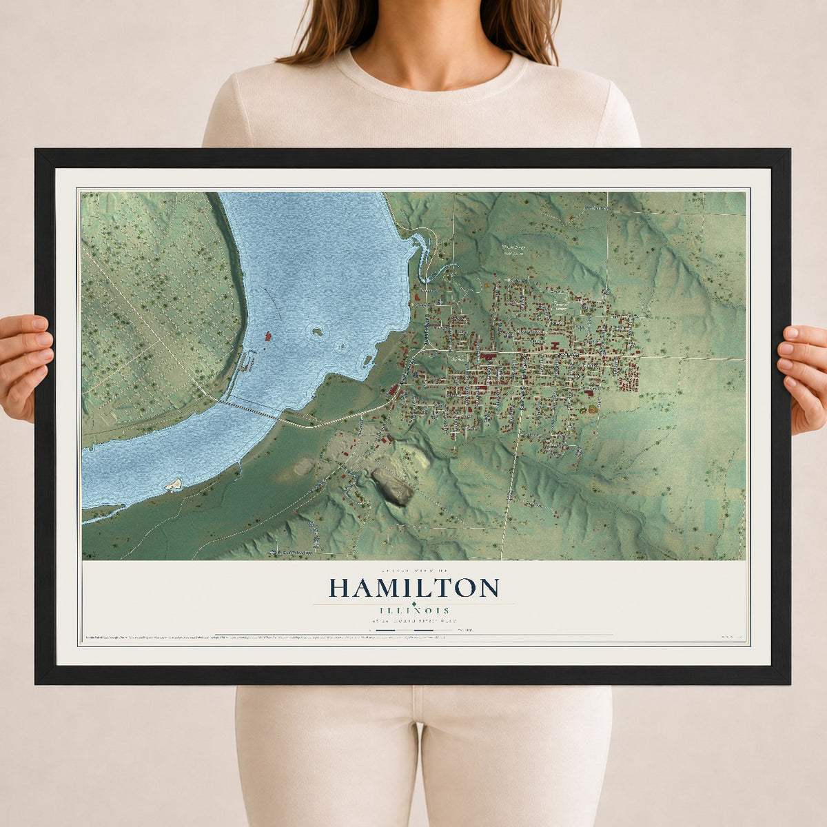 Map of Hamilton, Illinois, 18 x 24 inch print in a black wood frame