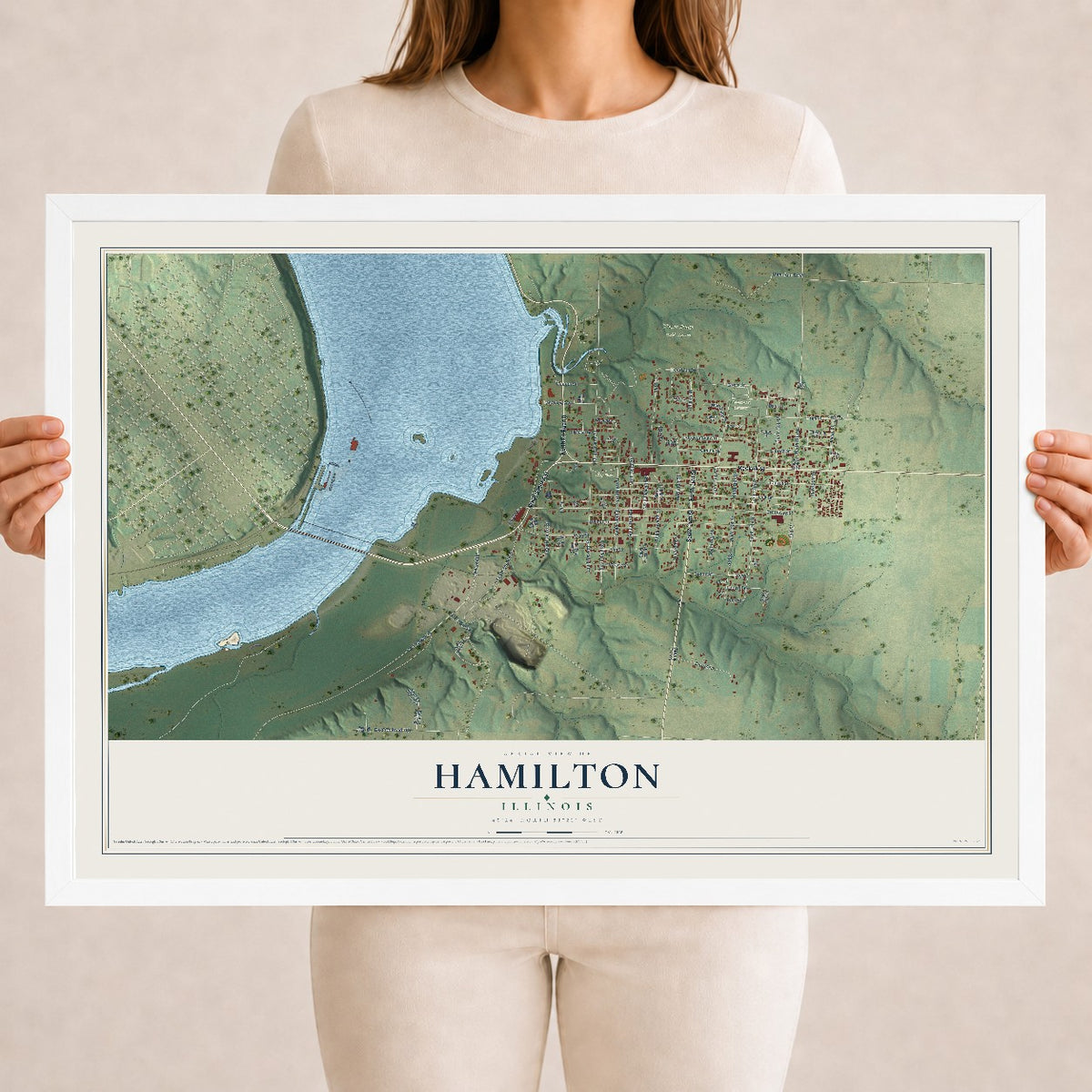 Map of Hamilton, Illinois, 18 x 24 inch print in a white wood frame