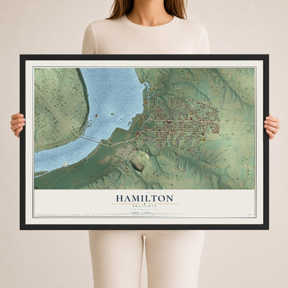 Map of Hamilton, Illinois, 24 x 36 inch print in a black wood frame