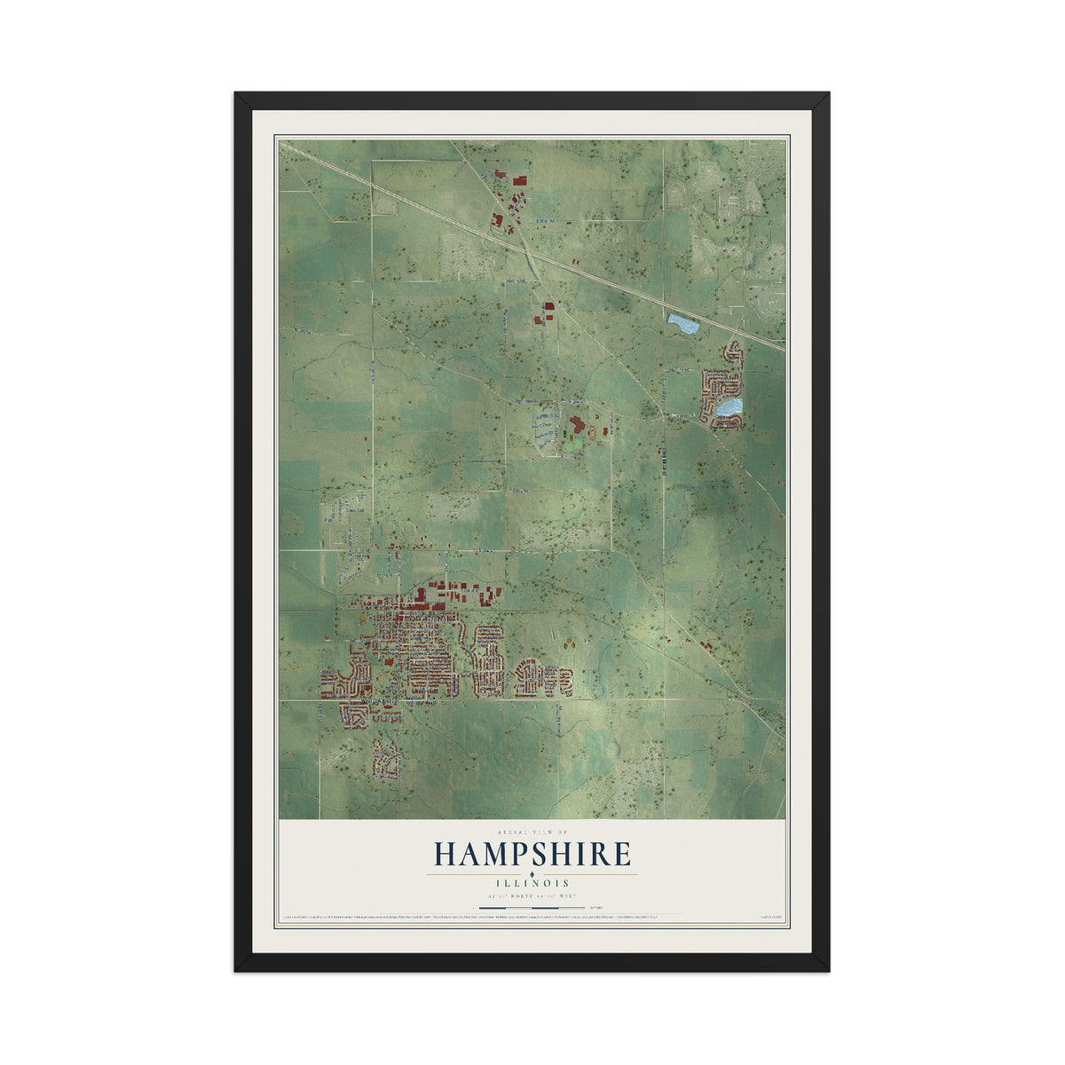 Map of Hampshire, Illinois, 12 x 18 inch print in a black wood frame
