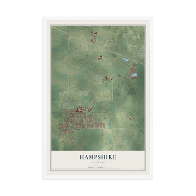 Map of Hampshire, Illinois, 12 x 18 inch print in a white wood frame