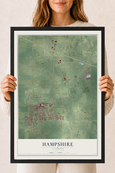 Map of Hampshire, Illinois, 18 x 24 inch print in a black wood frame