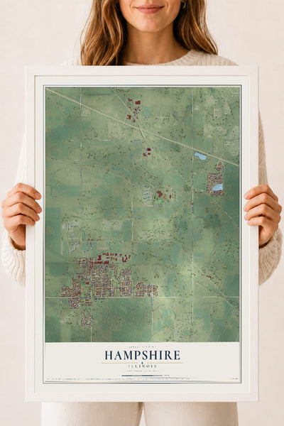 Map of Hampshire, Illinois, 18 x 24 inch print in a white wood frame