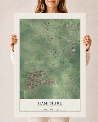 Map of Hampshire, Illinois, 24 x 36 inch print in a white wood frame
