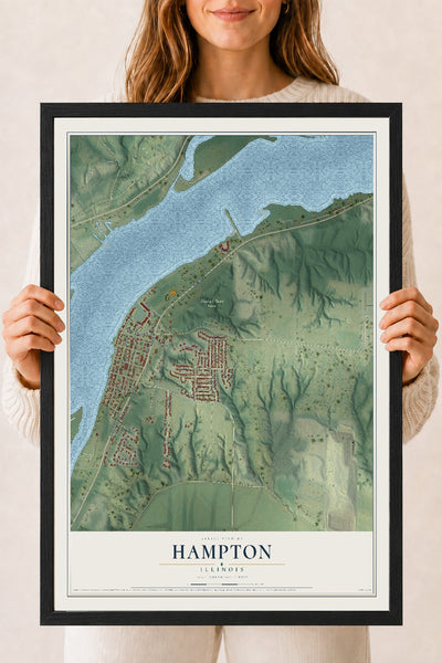 Map of Hampton, Illinois, 18 x 24 inch print in a black wood frame