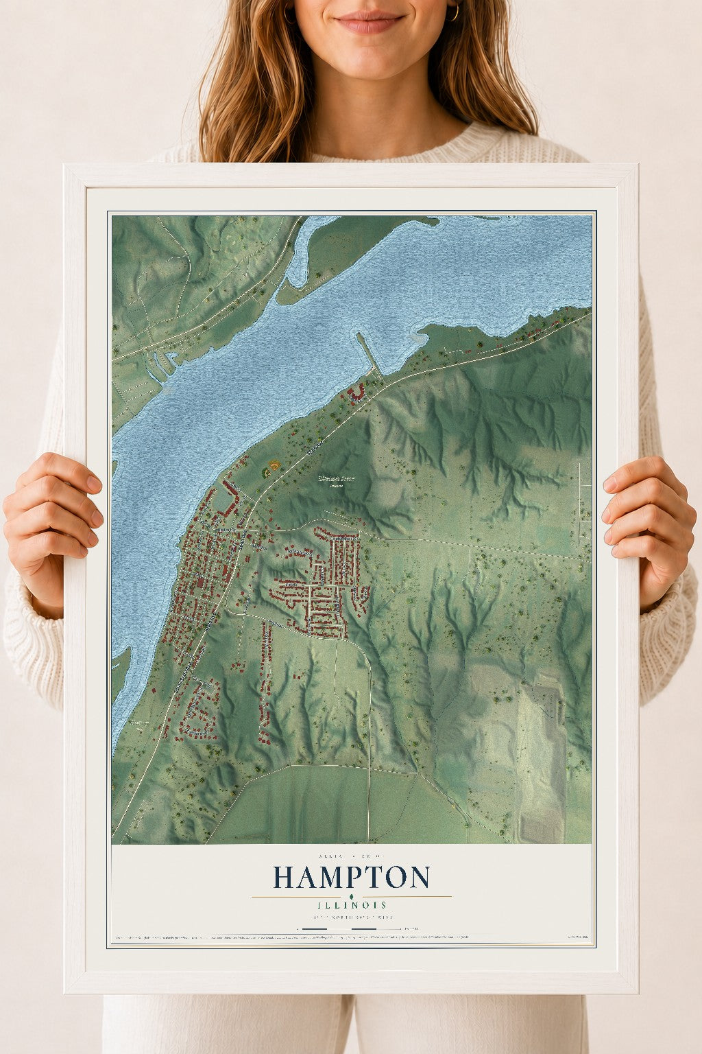Map of Hampton, Illinois, 18 x 24 inch print in a white wood frame