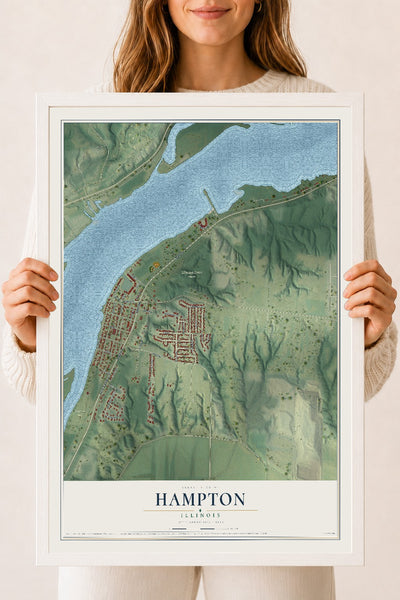 Map of Hampton, Illinois, 18 x 24 inch print in a white wood frame