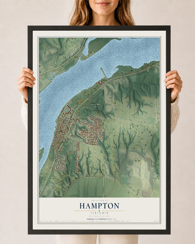 Map of Hampton, Illinois, 24 x 36 inch print in a black wood frame
