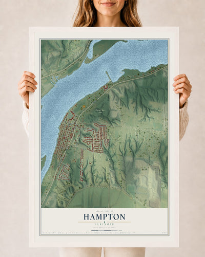 Map of Hampton, Illinois, 24 x 36 inch print in a white wood frame