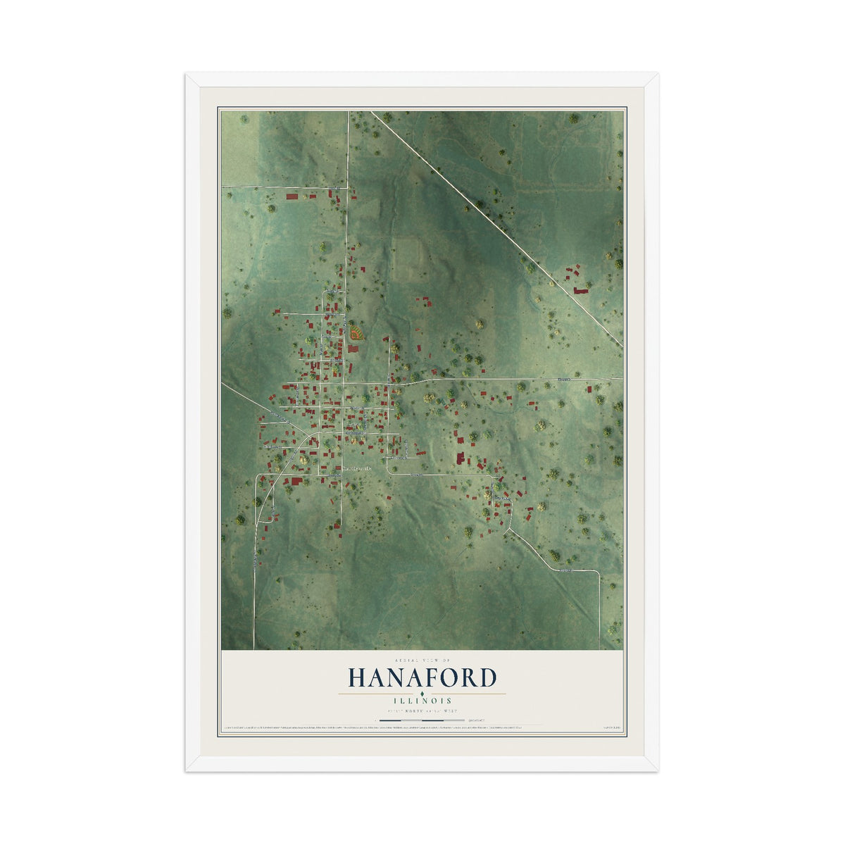 Map of Hanaford, Illinois, 12 x 18 inch print in a white wood frame