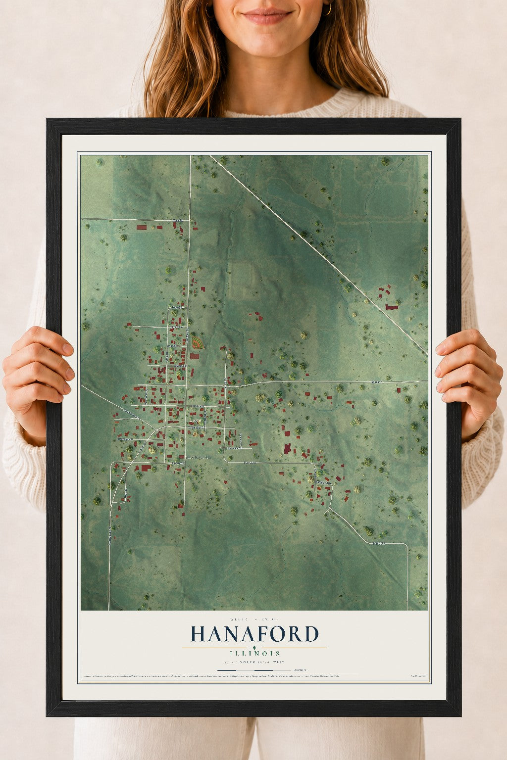 Map of Hanaford, Illinois, 18 x 24 inch print in a black wood frame