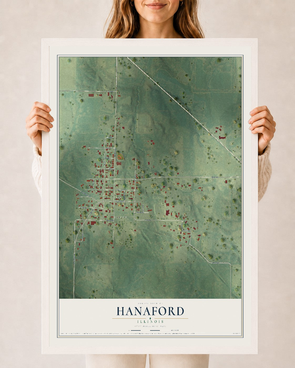 Map of Hanaford, Illinois, 24 x 36 inch print in a white wood frame